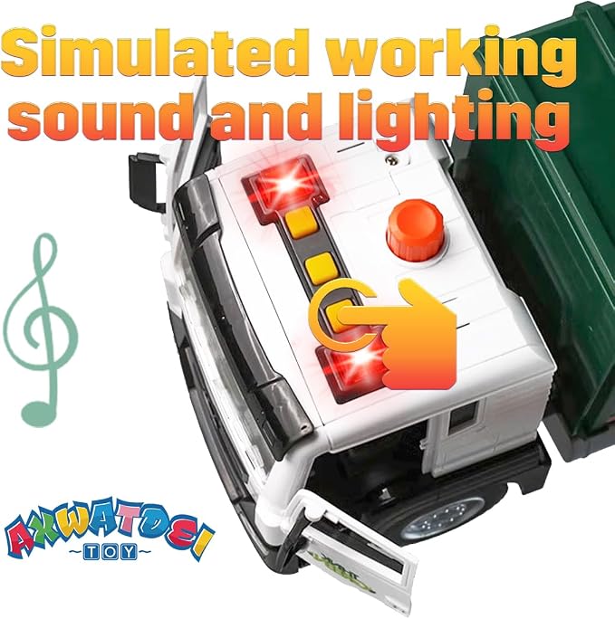 Garbage Truck Toy, Large Friction Powered Trash Truck Toy with Light and Sounds, 4 Trash Bins and Learning Cards for Kids