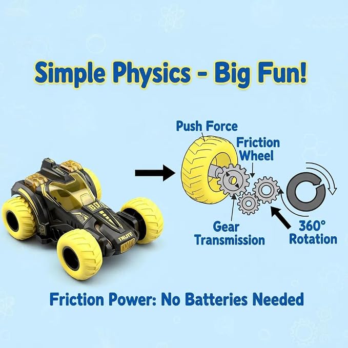 Friction Powered Flip Stunt Car, Push and Go Toy Car with 360° Upright Spin, Dual-Sided Rotating Off-Road Vehicle, No Batteries Required, Toy Car for Boys & Girls Ages 3 (Yellow)