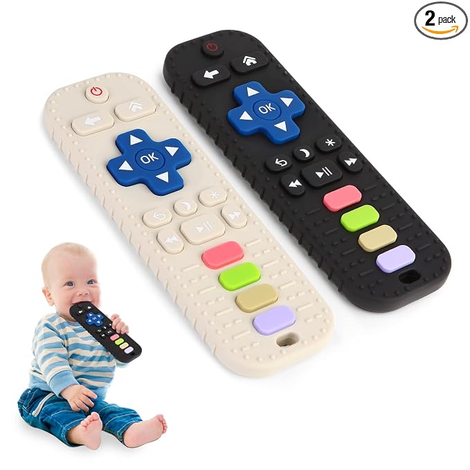 Hooku 2 Pack Silicone Teethers for Babies 0-6 Months, Teething Toys for Babies 6-12 Months, Baby Remote Control Toy, Infant Toys 0-3 Months, Sensory Chew Toys, Toddler Newborn Baby Girl Boy Gifts
