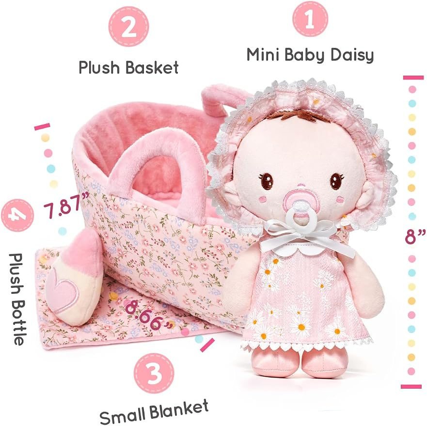 LeyaDoll 9'' Soft Baby Doll Toys for 1 Year Old Girl, Pretend Playset with Plush Doll, Bassinet, Blanket and Bottle, Perfect Birthday for Toddlers & Infants