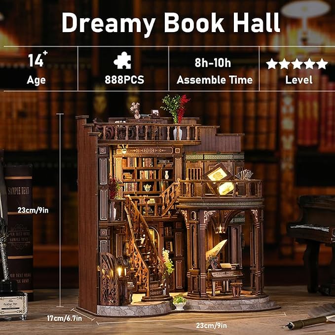 DIY Book Nook Kit for Adults, 888 Pcs 3D Wooden Puzzle Miniature Dollhouse with LED, Library Bookshelf Insert Decor, Mindful Craft Activity for Teens and Adults
