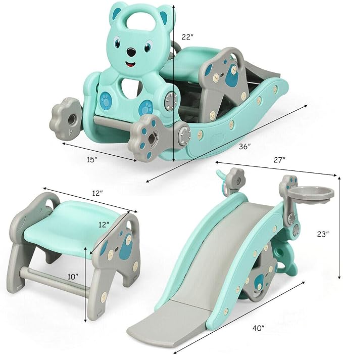 Costzon 5 in 1 Toddler Slide Rocking Toy, Slide for Kids with Detachable Stool, Basketball Hoop and Ring Game, Foldable Climber Playground Slide for Both Indoors Outdoor Use (Green Bear)