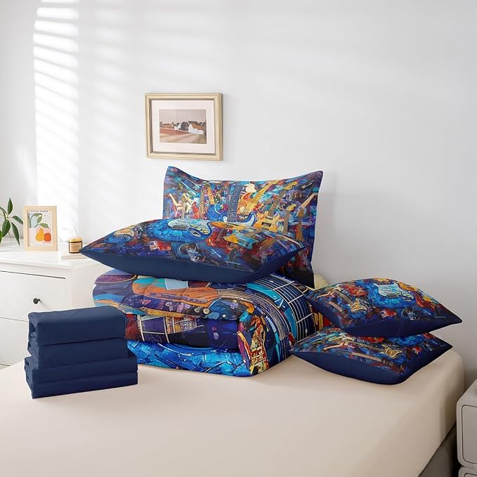 Feelyou Guitar Comforter Set with Sheets Queen Size Rock Music Bed in a Bag for Boys Girls Teens Blue 7 Pieces Bedding Set Soft Lightweight Microfiber
