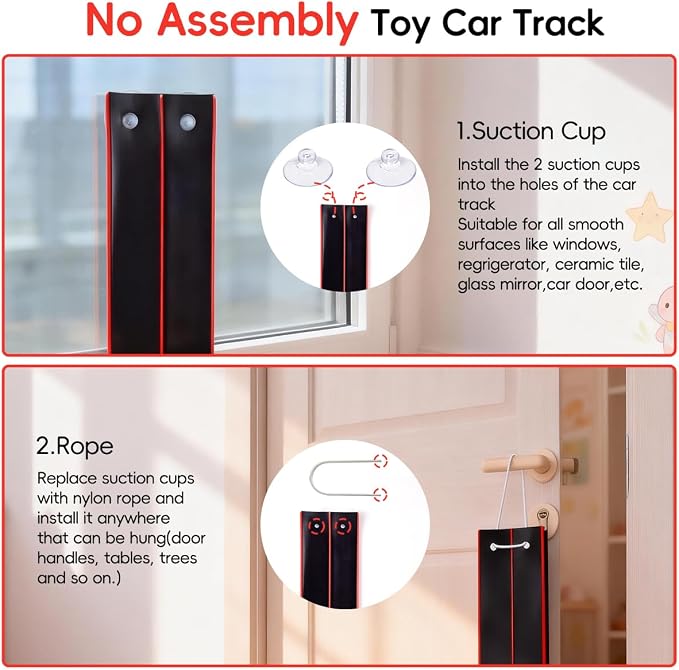 Flexible 15 Ft Race Track Starter Set for Kids Age 3+, Portable Car Track Playsets Compatible with Diecast 1/64th Cars, Long Kid Cars Ramp with Suction Cups, Rolls Up for Storage(Black)