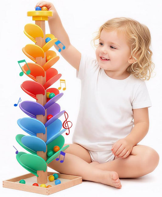 Wooden Rainbow Marble Run Tree, 30pcs Vertical Marble Run Construction Game,Creative Color Sorting Ball Drop Musical Toy,Montessori Learning Stem Gift for Kids Age 3,4,5,6,7,8+