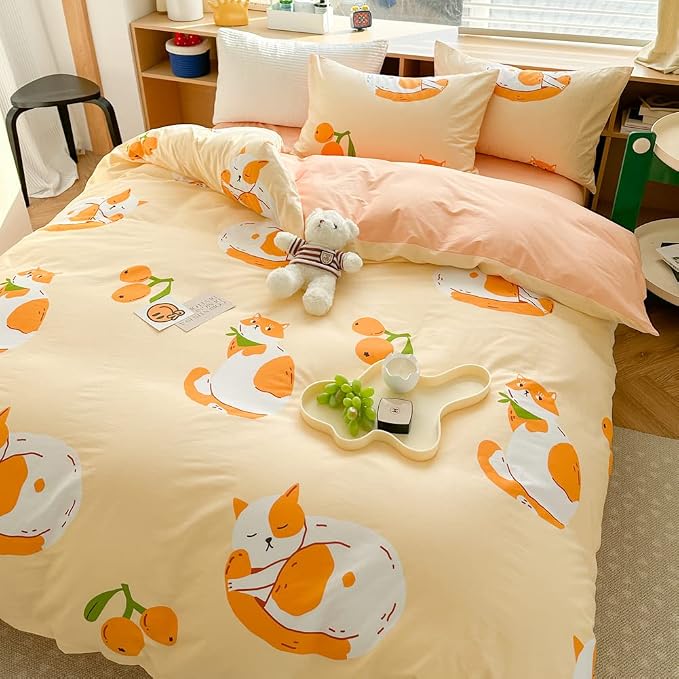 LIWHENHAO Cats Duvet Cover Set Twin 100% Cotton Bedding Cartoon Cute Cat on Orange 1 Kawaii Animal Comforter Cover Zipper Closure 2 Pillowcases for Kids Girls Boys