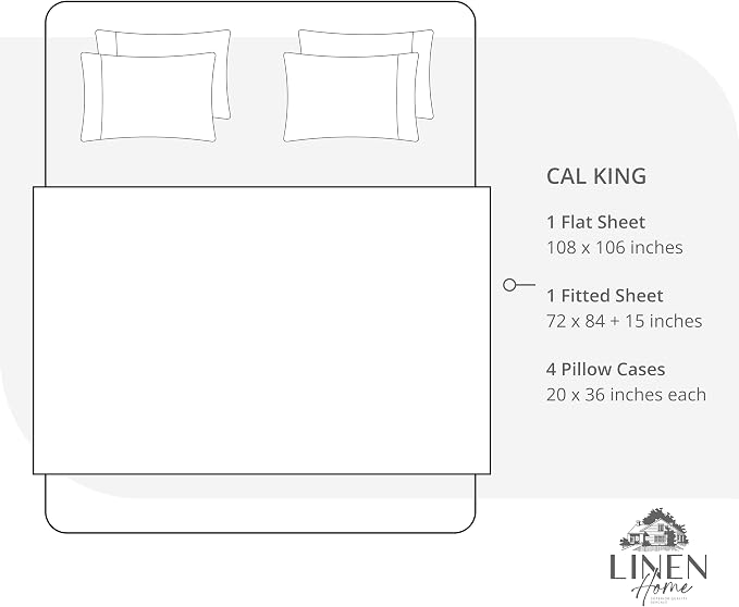 Linen Home 6 Piece California King Sheet Set, 100% Cotton Percale, 4 Pillowcases, Deep Pocket with All Around Elastic Sheet, Crisp Breathable Bedding, Hotel Luxury, Long-Staple Combed Cotton, White