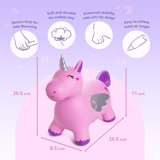 ZOOJOY Unicorn Bouncy Hopper, Inflatable Bouncy Hopping Toys for Toddlers 1-3, Indoor Outdoor Bounce and Ride On Horse Bouncer Boys Girls, Birthday with Free Pump
