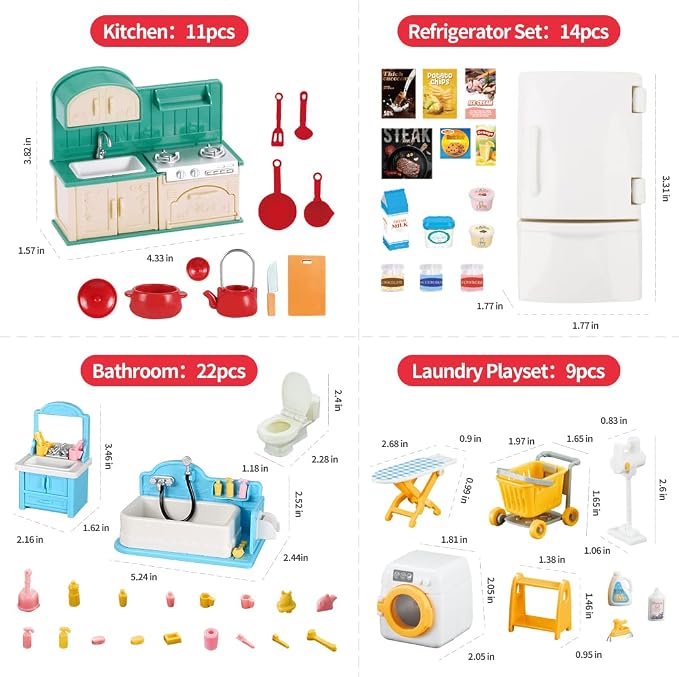 TAKIHON Dollhouse Furniture, Kitchen & Bathroom Toy Set,Fridge Washing Machine Set for Kids,Dollhouse Miniature Accessories,Educational Pretend Play Toys for Toddler,Boys & Girls