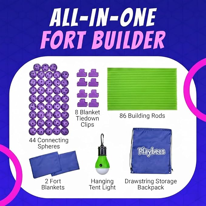 Playbees Fort Building Kit – 140 PCS STEM Toy for Kids Ages 4-12 – Build Tents, Castles & Rockets – Includes Rods, Connectors, 2 Blankets & Flashlight – Creative Building Set & Great Gift