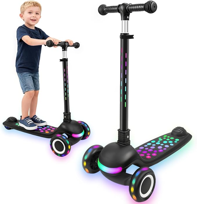 Light Up 3 Wheel Kick Scooter for Kids Toddlers with LED Sync Lights, Flashing Stem & Wide Polka Dot Deck Adjustable Height Music Function Safe Sturdy Folding Scooter for Kids