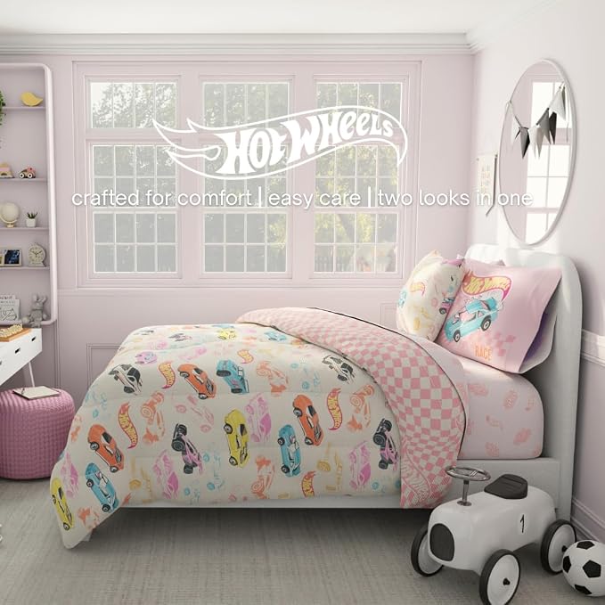 Hot Wheels Girls Kids Bedding Super Soft Comforter and Sheet Set with Sham, 5 Piece Twin Size, (Officially Licensed Product) By Franco