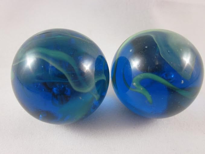 Set of 2 SEA Turtle 35mm Boulder Translucent Blue/Green Swirl Large Shooter Solid Glass Marbles Aquarium Decor Glass Filler