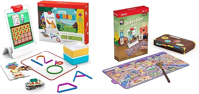 Osmo - Little Genius Starter Kit for iPad + Early Math Adventure & Detective Agency Game - 7 Learning Games - Ages 3-5 - Counting, Shapes, Phonics, Solve Global Mysteries iPad Base Included
