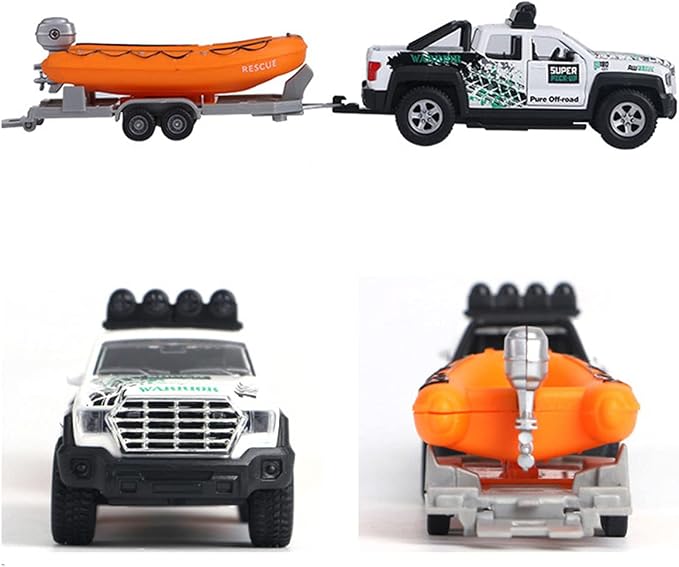 Pickup Truck Trailer Towing Speed Boat 2 in 1 Playset Diecast Model Car Metal Pull Back Toy Cars 1/36 SUV Vehicle Outdoor Sandbox Adventure Play Set Doors Open Light Sound Boys Toys Kids Gifts
