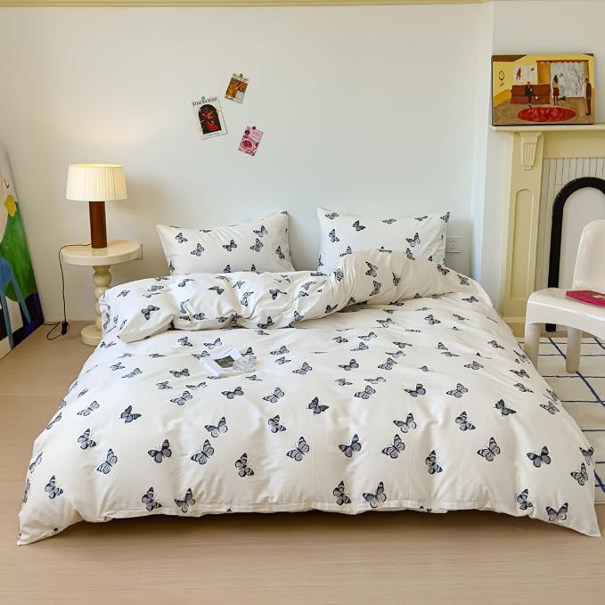 LIWHENHAO Butterfly Duvet Cover Set Twin 100% Cotton Bedding Cartoon Black Butterflies Print on Cream White 1 Kawaii Cute Animal Comforter Cover Zipper Closure 2 Pillowcases for Kids Girls Boys