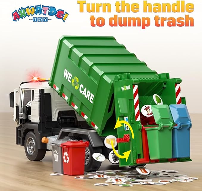 Garbage Truck Toy, Large Friction Powered Trash Truck Toy with Light and Sounds, 4 Trash Bins and Learning Cards for Kids