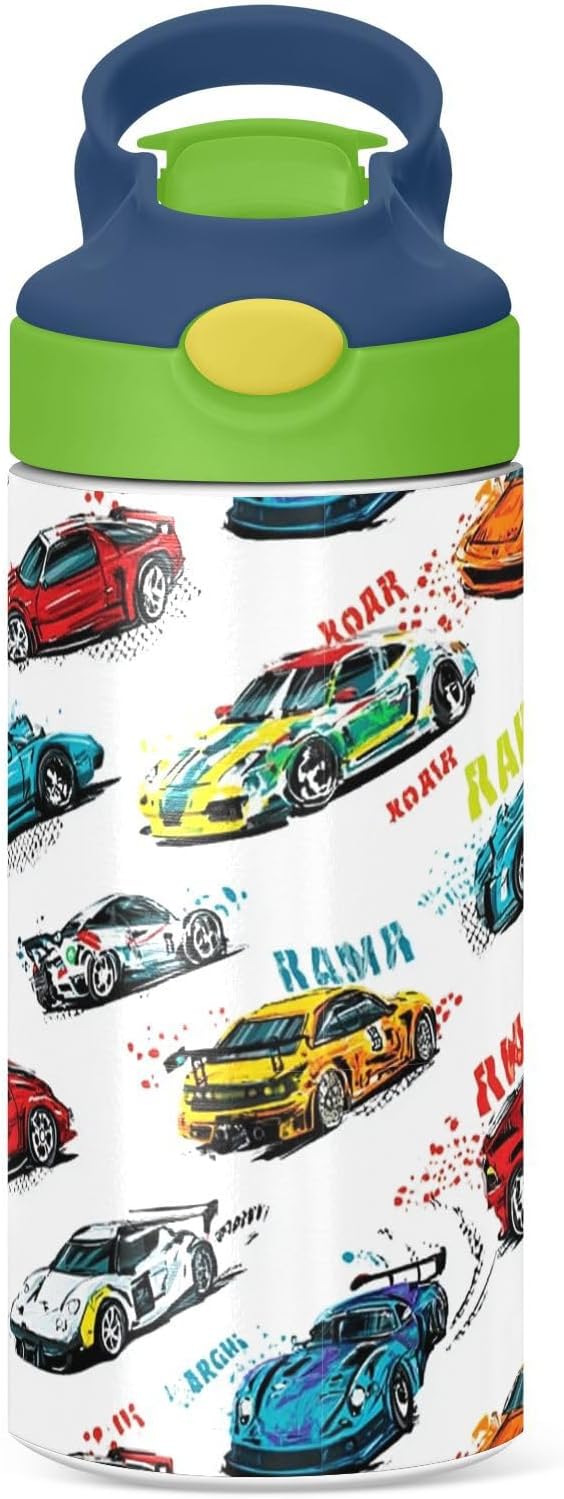 Boccsty Bright Race Car Truck Kids Water Bottle with Straw Lid Sport Cars Insulated Stainless Steel Reusable Tumbler for Boys Girls Toddlers 12 oz Green