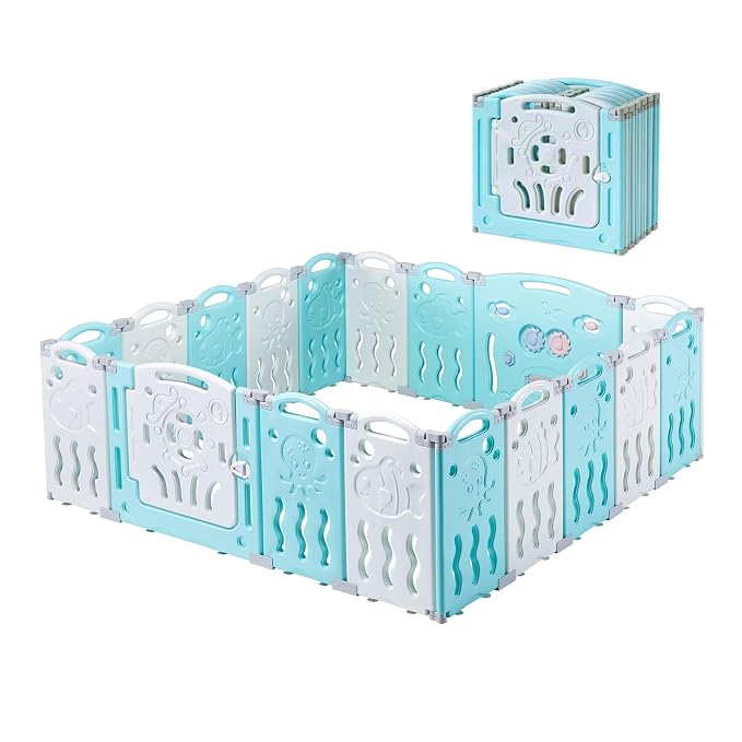 Albott Baby Fence 18 Panels Kids Playpen- Foldable Toddler Safety Play Center Yard Adjustable Shape Portable Design for Children Toddler Indoor Outdoor Use Blue