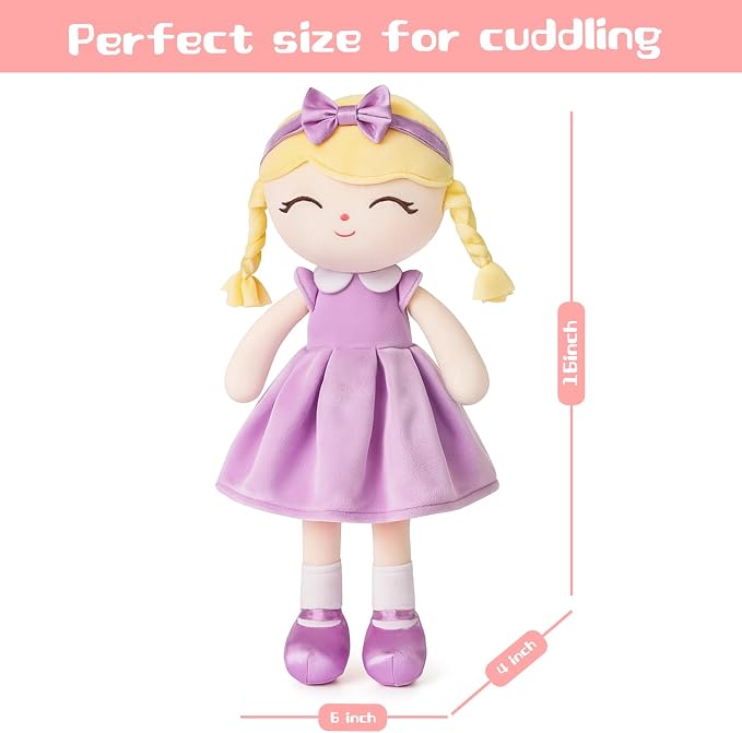 Soft Baby Doll Toys 16inch, Baby Rag Doll for One Year Old Girl Birthday Gift,Princess Style Plush Toys for Toddler Kids Infants (Purple)