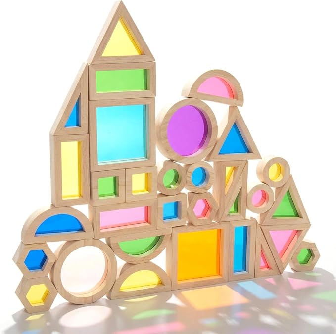 WOODENFUN Wood Building Blocks Set for Kids, 32 Pcs Rainbow Stacker Stacking Game Construction Toys Set Preschool Colorful Learning Educational Toys, Geometry Wooden Blocks for Boys Girls