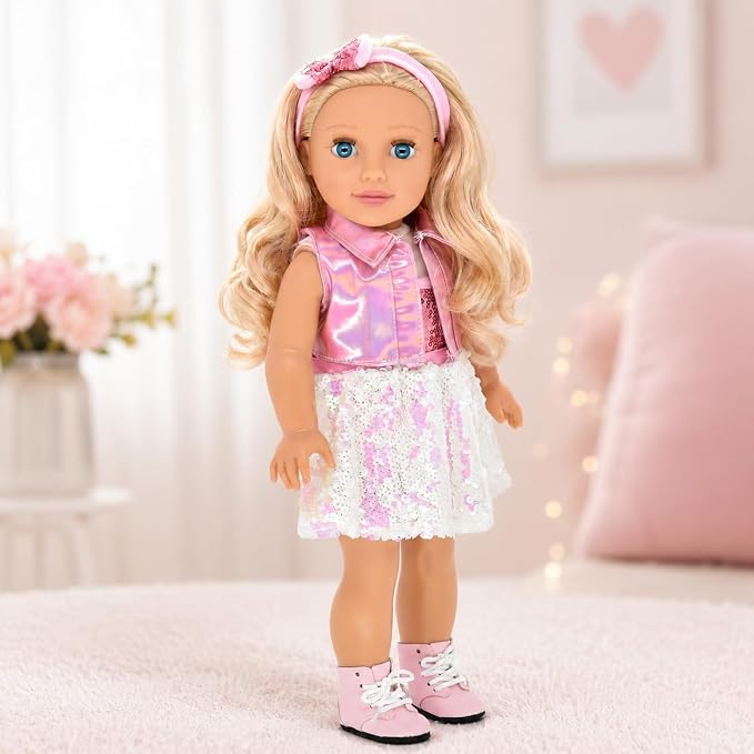 Dolls To Play 18 Inch Girl Doll, Fashion Doll with Fine Blonde Long Hair for Styling, Blue Eyes, Pink Sequin Dress, Shoes, Handbag, Clothes and Accessories Princess Doll for Kids