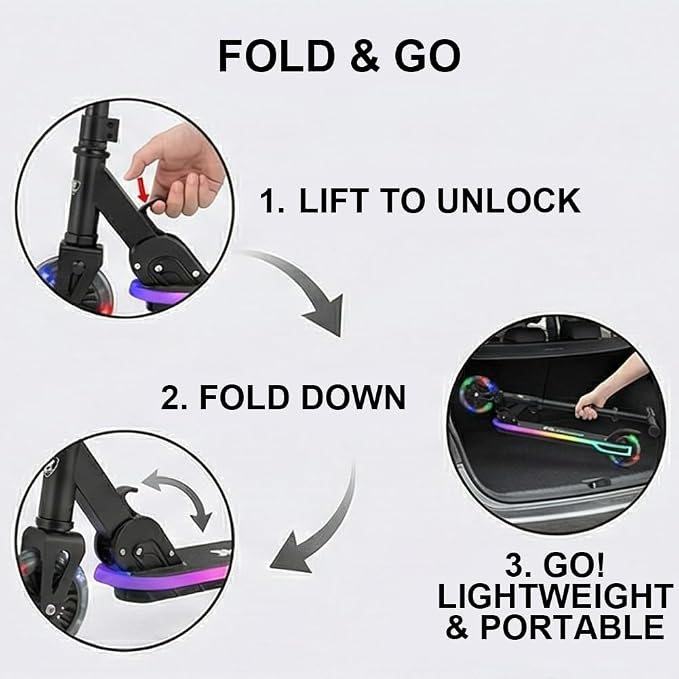 Rahmory Kick Scooter for Ages 5-12,Kid, Teens. Max Load 155 LBS. Foldable, Lightweight, with Light up Wheels and Dynamic Light Deck, Teen and Adults, 3 Adjustable Levels.
