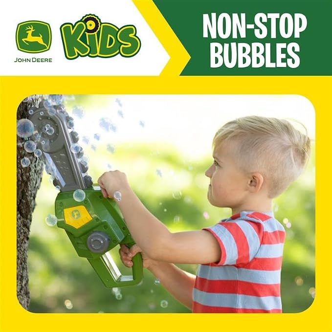 John Deere Motorized Bubble Chainsaw Toy for Kids – Bubble Blowing Pretend Play Tool - Toddler Bubble Blaster Machine - Includes Non-Toxic Bubble Solution, Ages 3+