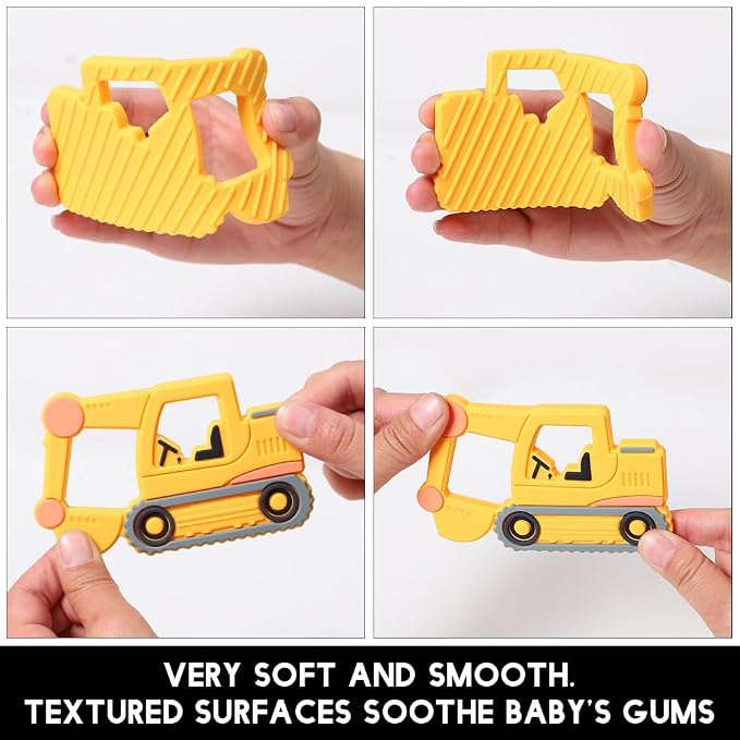 Baby Construction Vehicles Teething Toys,Food Grade Silicone Teether with One-Piece Pacifier Clip Holder,Best Shower Gift for 3 Months+ Boy and Girl,BPA Free,Freezer Safe. (Excavator)