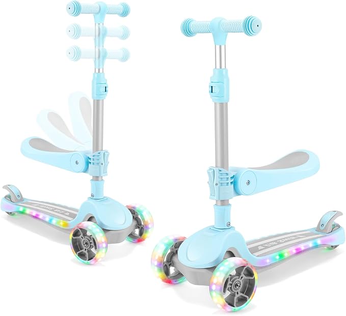 Kids Scooter with Seat, 2 in 1 Kick Toddler Scooter with LED Light-Up Wheels and Light up Deck, 4 Adjustable Heights, Lean to Steer, 3 Wheels Scooter Suitable for Boys & Girls Ages 2-8 Years