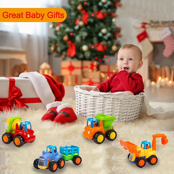 Yiosion Friction Powered Cars Push and Go Trucks Construction Vehicles Toys Set of Tractor Bulldozer Dump Truck Cement Mixer for Baby Toddlers Infants Boys Gifts