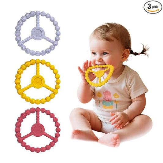 Baby Ring Teethers, 3 Pack Silicone Teething Toys for Babies 0-6 & 6-12 Months, Freezable Chew Rings Boys & Girls Relief Essentials, Infant Toddler Stocking Stuffers (Lavender Yellow Red)