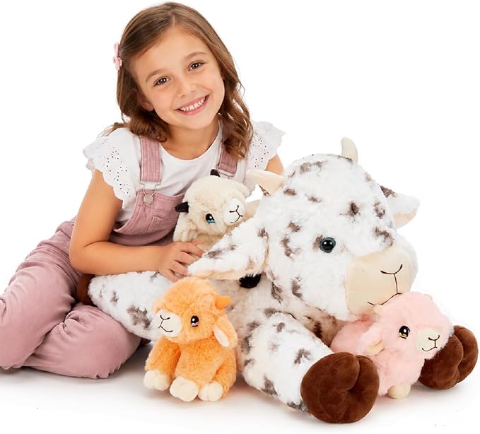 Tezituor Large Lamb Stuffed Animal Toys Sets, 22 Inch Mommy Spot Lamb Plush with 3 Cute Babies in Zippered Tummy,Soft Cuddly 4Pcs Sheep Stuffy,Farm Goat Plushie Gifts for Christmas Birthday Easter