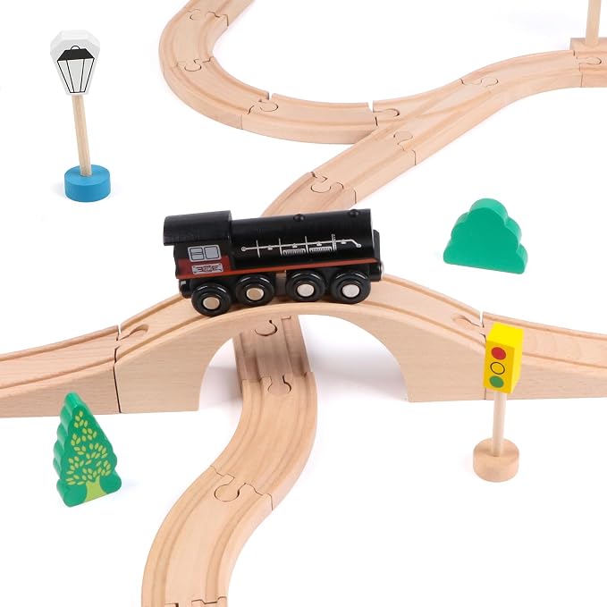 Qilay Wooden Train Track Set - 62PCS Track Expansion with 1 Bonus Magnetic Trains, Arched Bridge, Storage Bag, Compatible with All Major Brand Train Set for Kids 3+