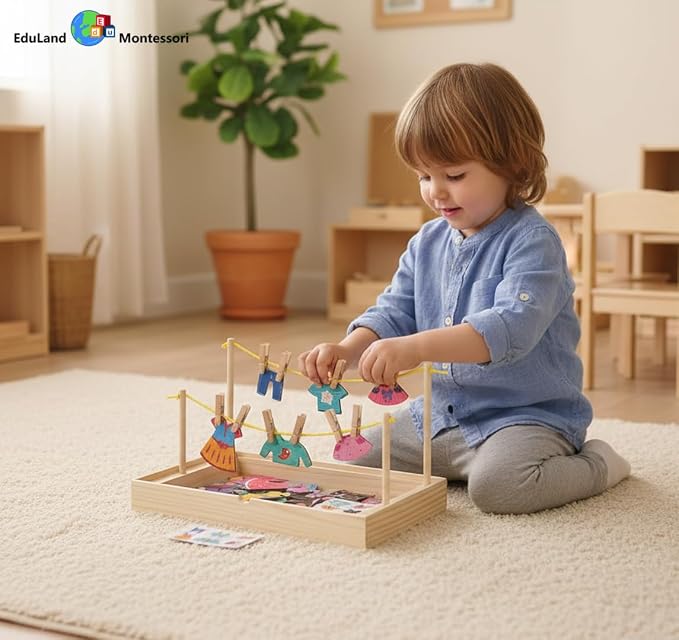 Montessori Practical Life Clothes Hanging Job, Laundry Activity Set with Rope Strings, Clothespins & Dress-Up Air Drying Game Airing Clothes for Toddlers Kids Ages 2-6, Classroom Educational Toy Gift