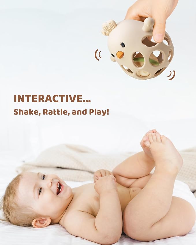 ChooKaChoo 2-in-1 Baby Teething Rattle Toy, Sensory Grasping Teether for Infants 3-12 Months, 100% Food-Grade Silicone, Easy to Hold, Soothing & Developmental, BPA Free