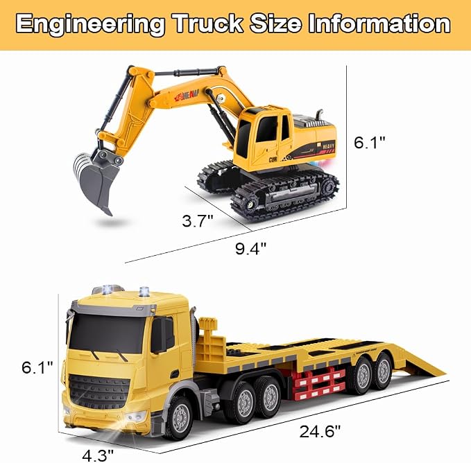 RC Semi Truck and Trailer & Excavator Toy Set - 11CH 24.6" Dual Control Mode Remote Control Engineering Vehicle with Sound & Lights, 2.4Ghz Flatbed Truck with Excavator Toys, Great Gift for Kids Boys