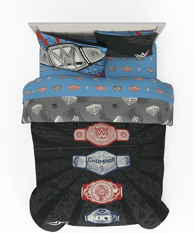 WWE Wrestlemania Bedding Super Soft Microfiber Comforter and Sheet Set, 5 Piece Full Size, (Officially Licensed Product) By Franco