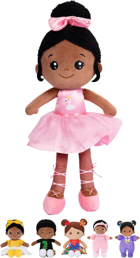OUOZZZ 12.6" Black Soft Baby Dolls Toys for 1 Year Old Girl Gifts, African American Dolls Birthday Gifts for 1 Year Old Girl Ballerina Doll Plush Toys for Toddler