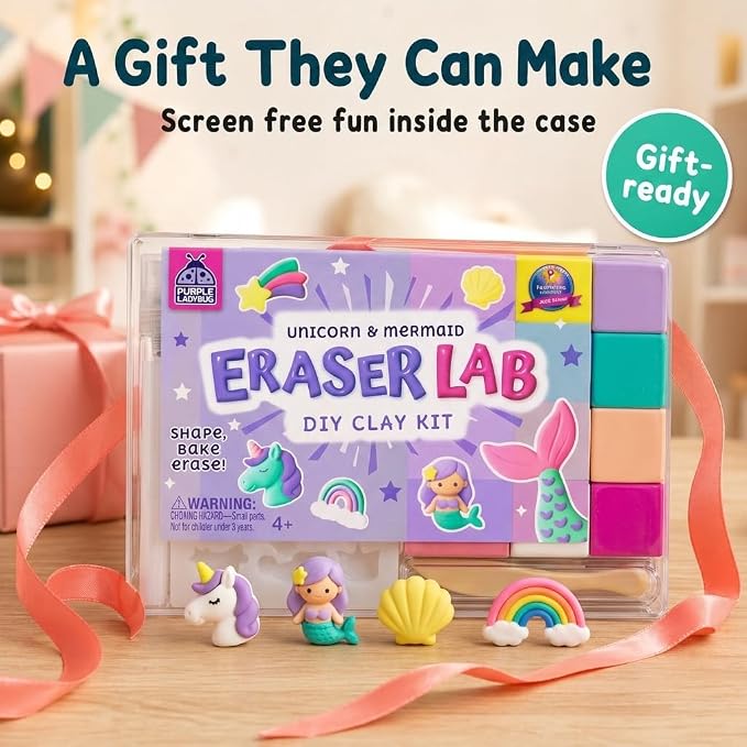 PURPLE LADYBUG Eraser Lab Mermaid & Unicorn Eraser Making Kit - Birthday Gift for Girls Ages 5-10, Make Your Own DIY Clay Eraser Kit, Gift for 7 Year Old Girl, Back to School Supply