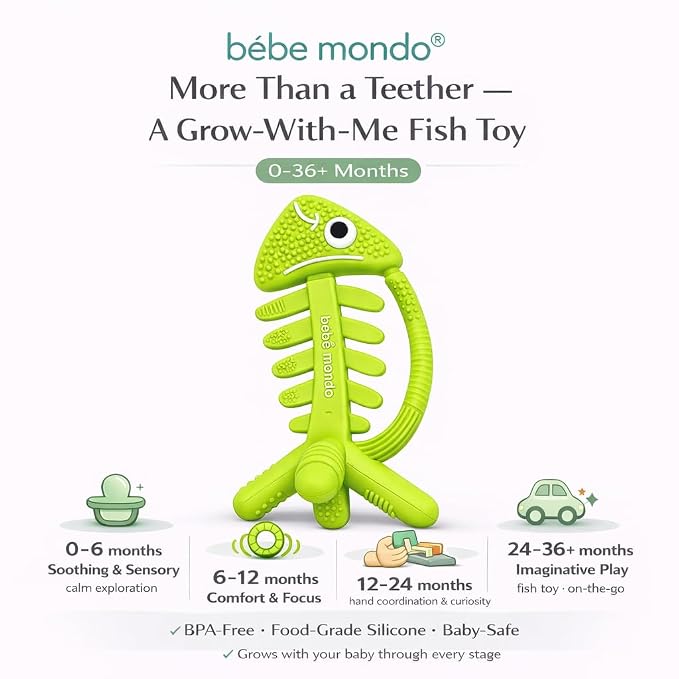 3 in 1 Infant Toys, Baby Teething Toys 3–6 6–12 Months, Teethers for Babies 0–3–6–12 Months for Teething Relief, Baby Gift, Baby Teether Toys, Silicone Sensory Toys, USA Patent Pending, Fish (Green)