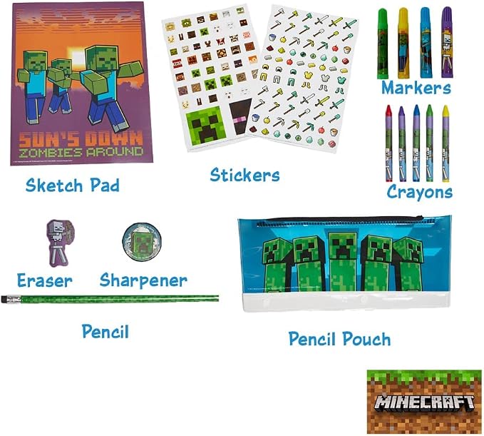 Innovative Designs Mine Craft Kids Coloring Art and Sticker Set,30 Pcs.School and Craft Supplies with Pencil Case,Blue