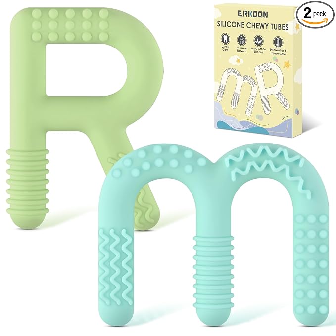 ERKOON Chew Toys for Autistic Children - Bpa-nae, Textured Silicone Teether Rings for Oral Stimulation and Calming - Safe, Durable, and Easy to Hold - Set of 2 Multicolor Teethers (M+R)