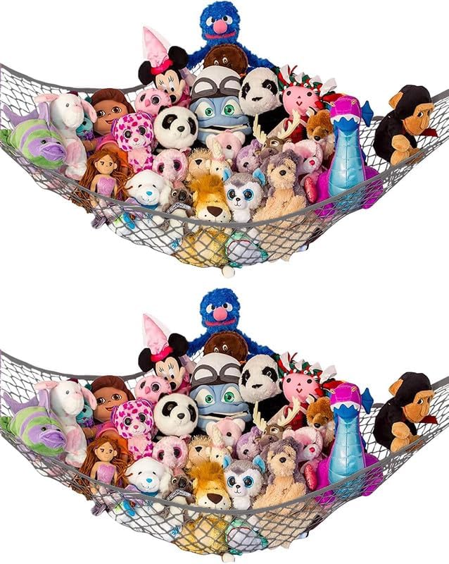 Stuffed Animal Hammock XL 2 Pack | Corner Stuffed Animal Storage & Plushie Net | Extra Large Toy Hammock for Stuffed Animals | Easy Hang, Hardware Included | Gray Bedroom Decor | by Lilly's Love