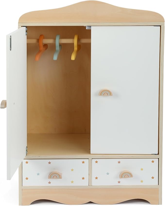 Freniland Wooden Doll Dress-Up Organizer with Doors, 3 Hangers & 2 Drawers, Doll Furniture, Pretend Play Storage Cabinet Gift for Girls Ages 3+