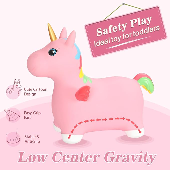 INPANY Unicorn Bouncy Horse Toys, Toddler Inflatable Unicorn, Bouncy Pals | Eco-Friendly PVC, Low Center Gravity, Cute Cartoon Design, Load 100 Lbs, Learn & Exercise & Active Fun, Gifts for 1-3 Kids