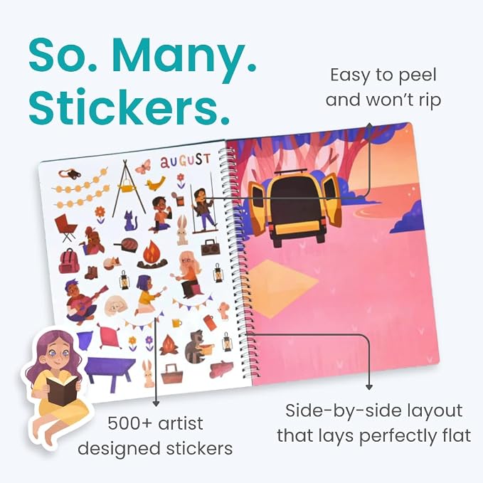 12 Months of the Year 500+ Sticker Book by Cupkin Fun Toddler Calendar Activity Coloring + Sticker Book, Road Trip Essentials, 12 Coloring Pages + Side by Side Scenes for Ages 2–8 Years