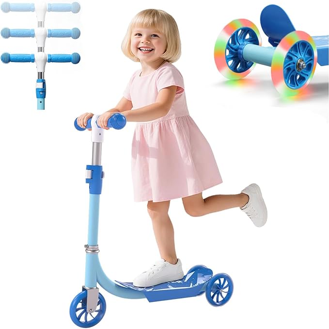 Kick Scooters for Kids 3-5 5-7 Years Age - Handlebars Safe-First Steer,Anti-Slip Deck,Height Adjustable Three Wheeled LED Lighted Up Toddler Scooter for Boy & Girl, Indoor Outdoor Kid Child Toy Gift