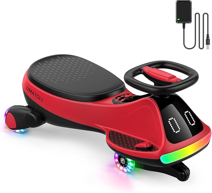 Umatoll 12V Electric Wiggle Car for Kids with Pedal, Display, Rechargeable Battery, LED Light, Bluetooth, Light-Up Wheels, Anti-Rollover, 2 Speeds, Ride on Toys, Birthday Gifts for Age 3+, 150Lbs