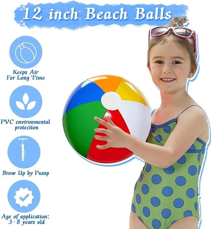 Beach Ball 12 Pack - 12'' Inflatable Beach Balls for Kids Bulk, Swimming Pool Toys Beach Toys for Summer Water Games, Hawaiian Tropical Theme Party Decorations Favors Supplies